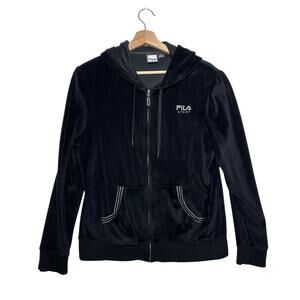 Fila Sport Y2K Women's Velour Track Jacket Hoodie Zip Front Black Size XL Retro